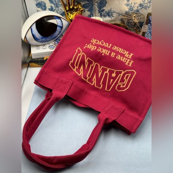 🆕 GANNI 🧿 NWOT Large Easy Shopper, Burgundy Cotton & Yellow Embroidery - Picture 7 of 12